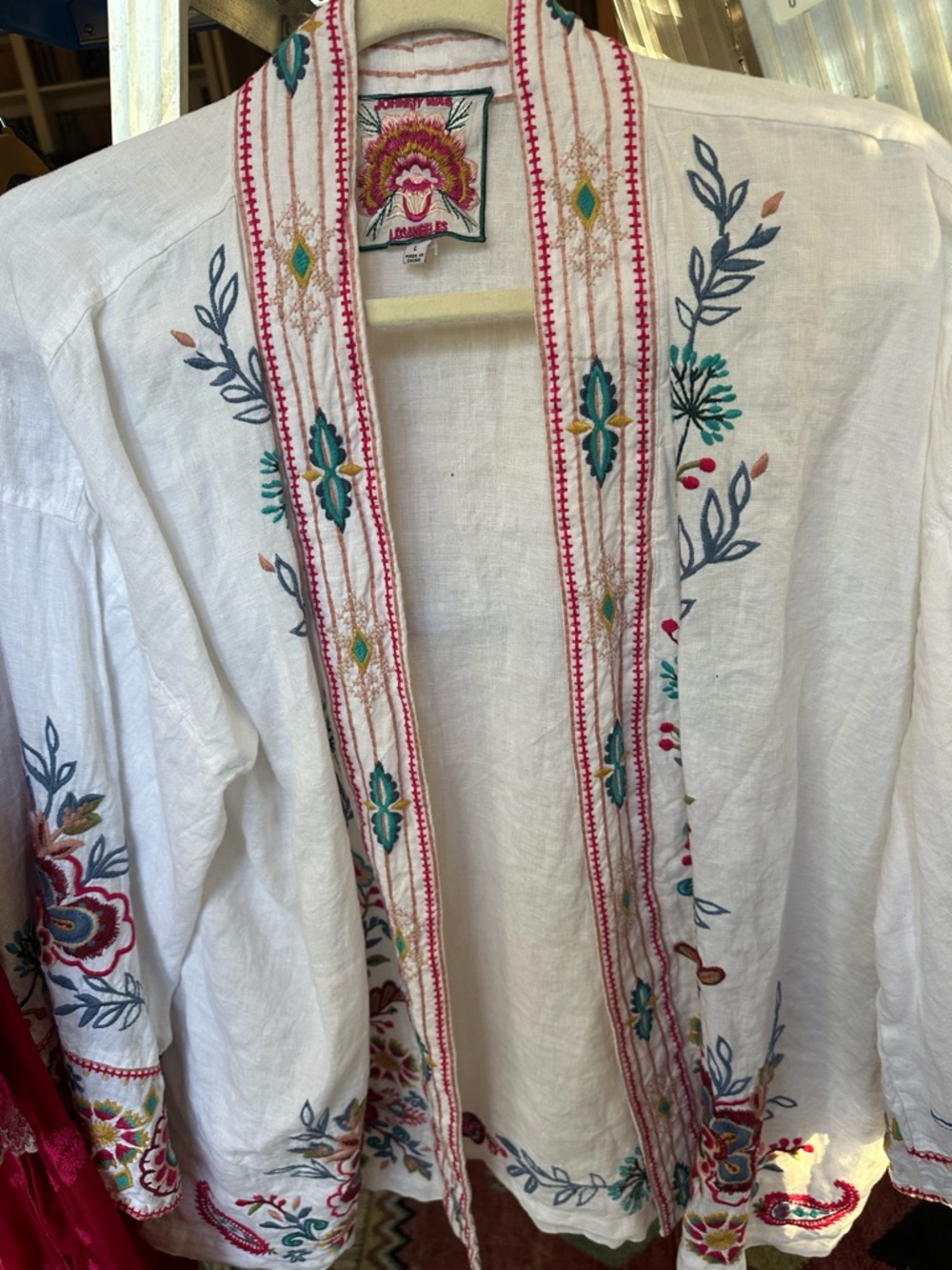 Johnny Was White Embroidered Open Kimono with Teal, Pink & Gold Motifs.